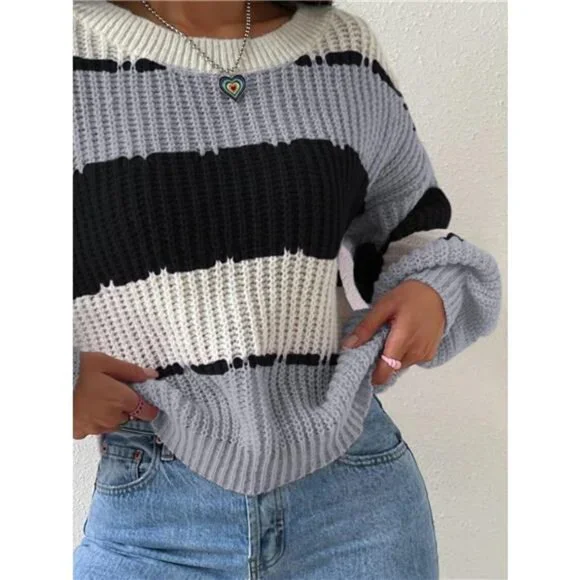 Striped Knit Round Neck Sweater